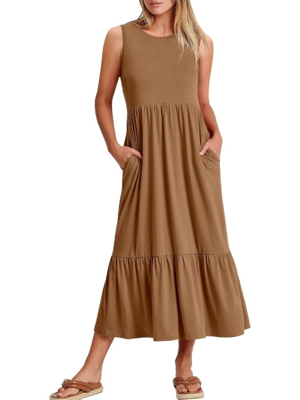 Women's Khaki Crewneck Summer Sleeveless Sundress Aline Flowy Tiered Long Maxi - Picture 1 of 6